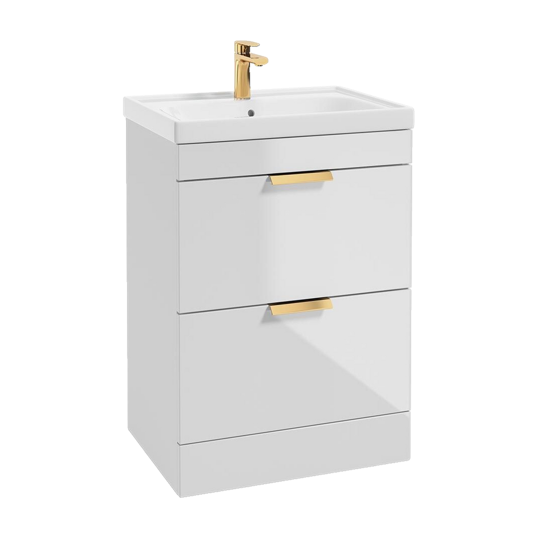 SONAS Stockholm 60cm floorstanding two drawer vanity unit in Gloss White with brushed gold handles