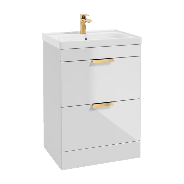 SONAS Stockholm 60cm floorstanding two drawer vanity unit in Gloss White with brushed gold handles