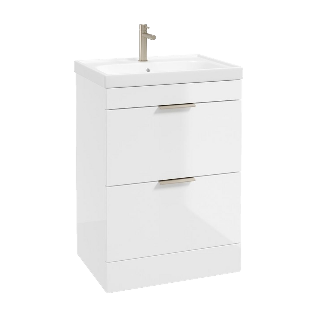 SONAS Stockholm 60cm floorstanding two drawer vanity unit in Gloss White with brushed nickel handles