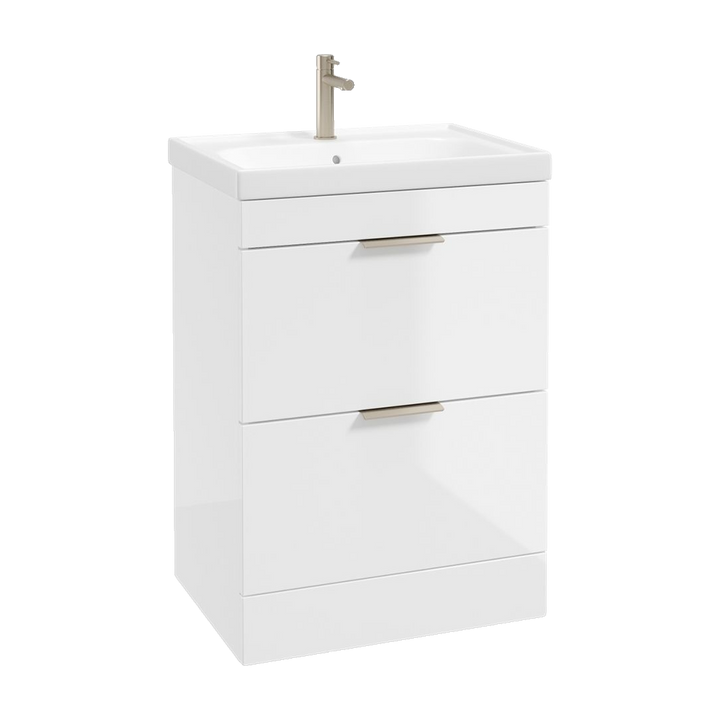 SONAS Stockholm 60cm floorstanding two drawer vanity unit in Gloss White with brushed nickel handles