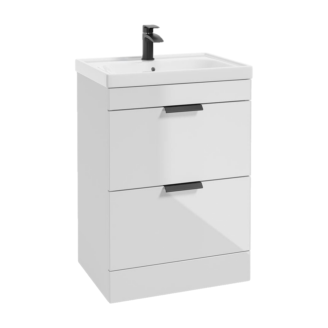 SONAS Stockholm 60cm floorstanding two drawer vanity unit in Gloss White with matt black handles