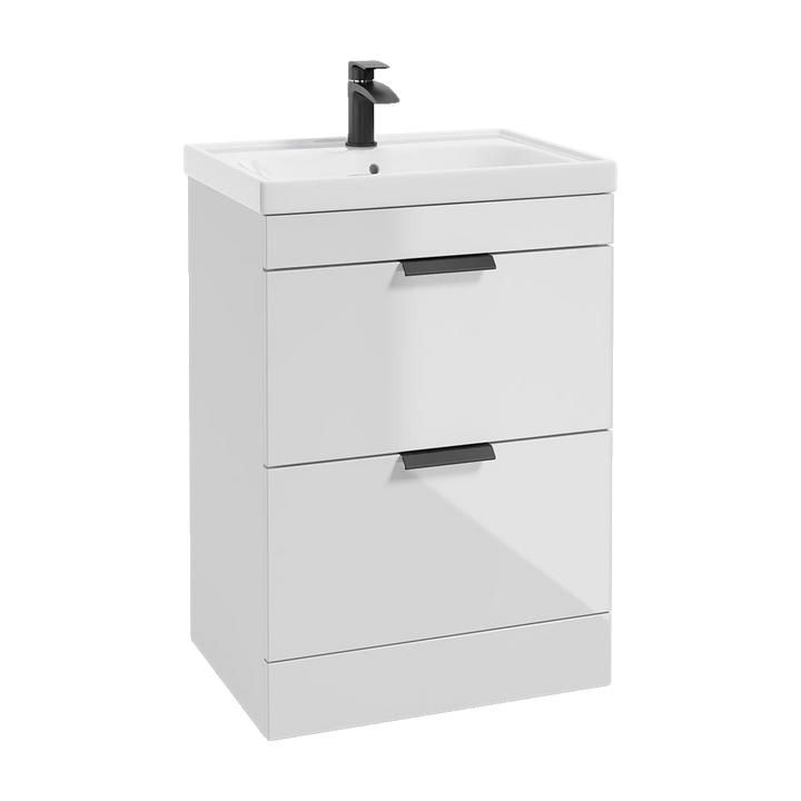 SONAS Stockholm 60cm floorstanding two drawer vanity unit in Gloss White with matt black handles