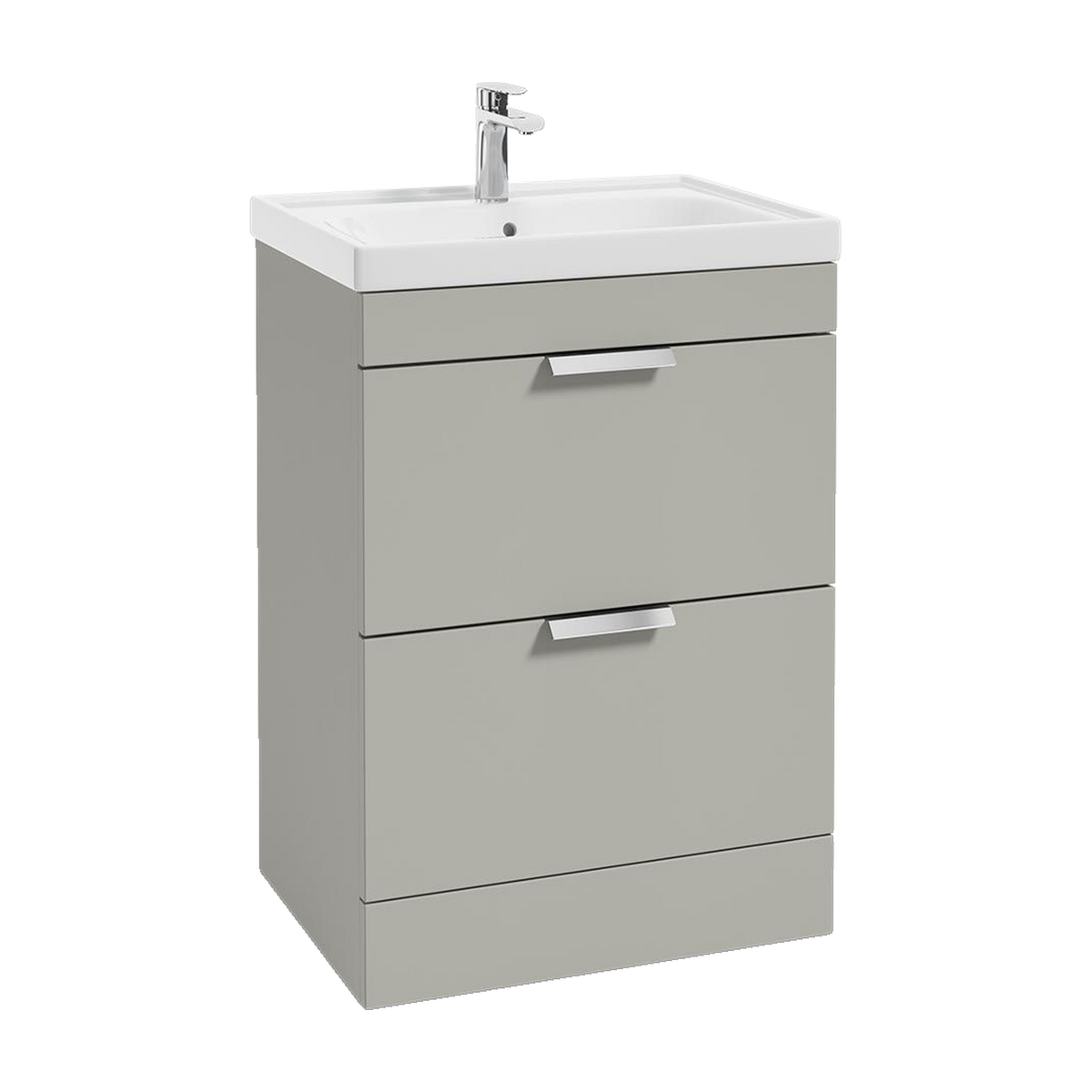 SONAS Stockholm 60cm floorstanding two drawer vanity unit in Matt Arctic Grey with brushed chrome handles