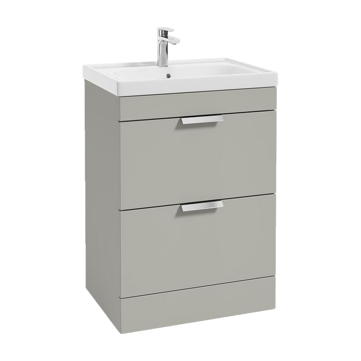 SONAS Stockholm 60cm floorstanding two drawer vanity unit in Matt Arctic Grey with brushed chrome handles