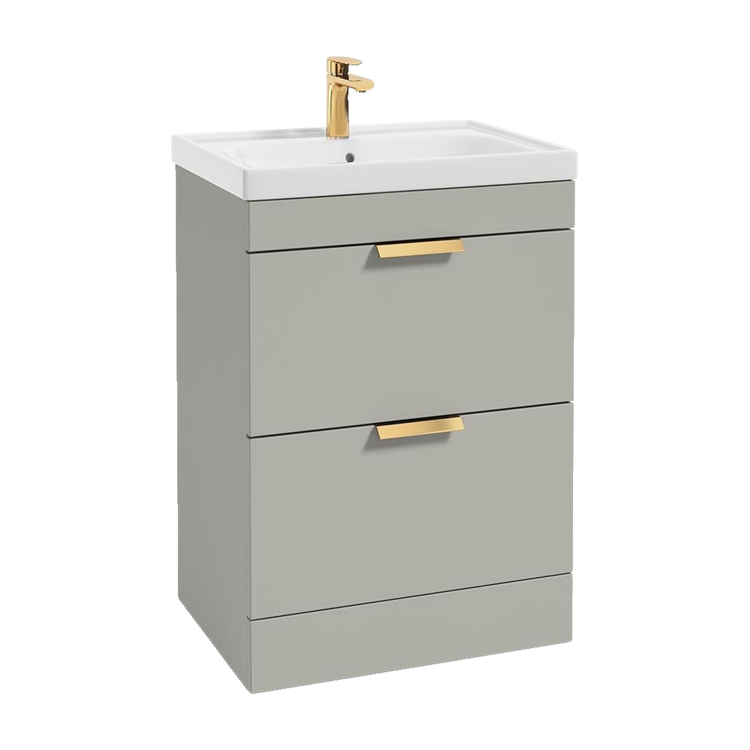 SONAS Stockholm 60cm floorstanding two drawer vanity unit in Matt Arctic Grey with brushed gold handles