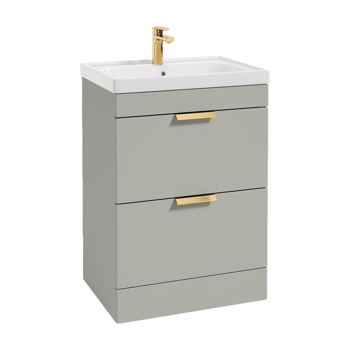 SONAS Stockholm 60cm floorstanding two drawer vanity unit in Matt Arctic Grey with brushed gold handles