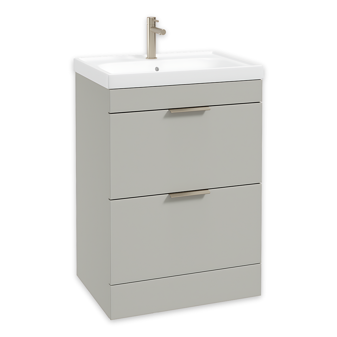SONAS Stockholm 60cm floorstanding two drawer vanity unit in Matt Arctic Grey with brushed nickel handles