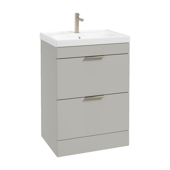 SONAS Stockholm 60cm floorstanding two drawer vanity unit in Matt Arctic Grey with brushed nickel handles