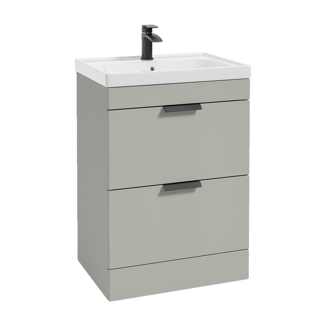 SONAS Stockholm 60cm floorstanding two drawer vanity unit in Matt Arctic Grey with matt black handles