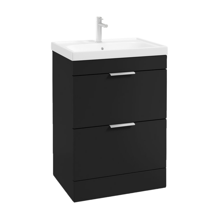 SONAS Stockholm 60cm floorstanding two drawer vanity unit in Matt Black with brushed chrome handles