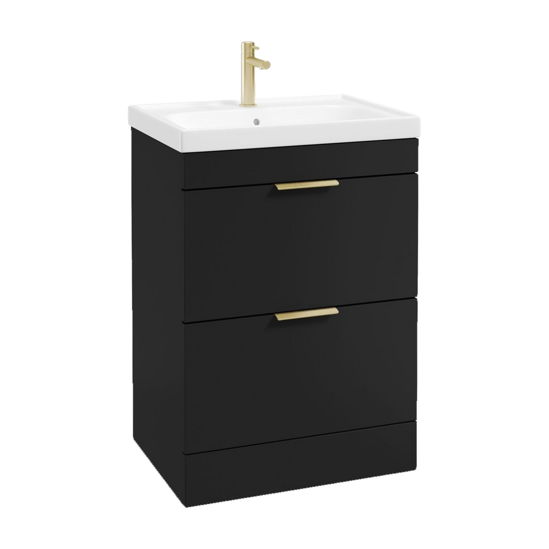 SONAS Stockholm 60cm floorstanding two drawer vanity unit in Matt Black with brushed gold handles