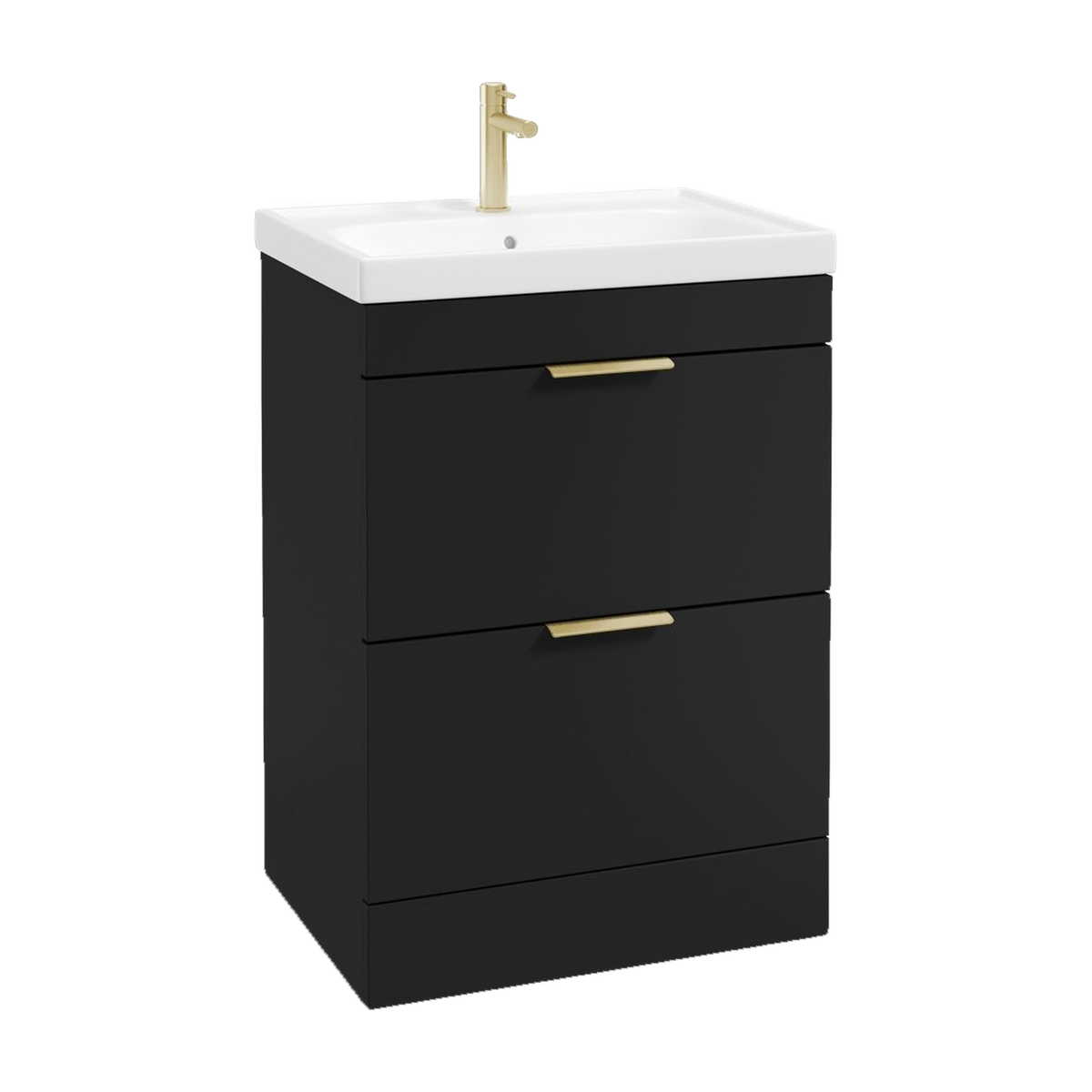 SONAS Stockholm 60cm floorstanding two drawer vanity unit in Matt Black with brushed gold handles
