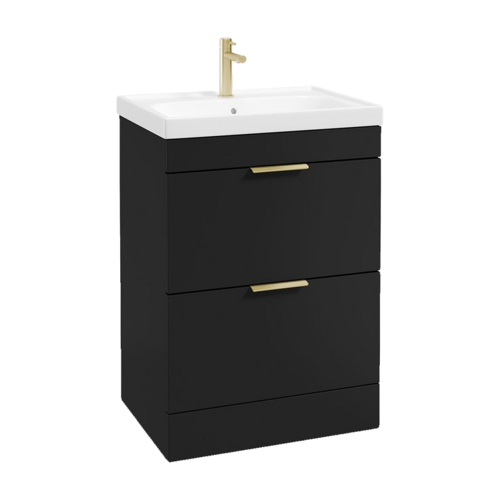 SONAS Stockholm 60cm floorstanding two drawer vanity unit in Matt Black with brushed gold handles