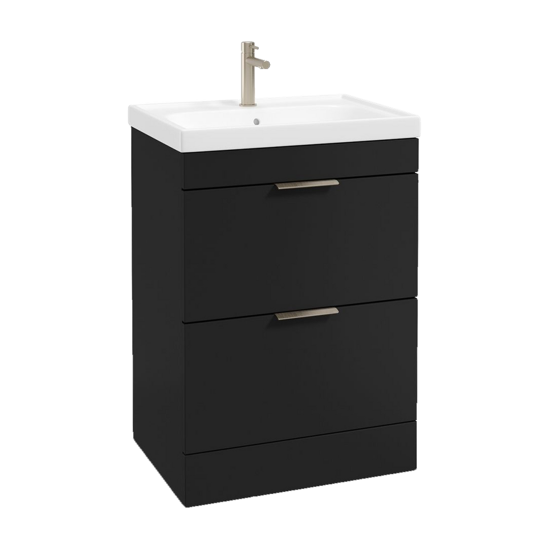 SONAS Stockholm 60cm floorstanding two drawer vanity unit in Matt Black with brushed nickel handles