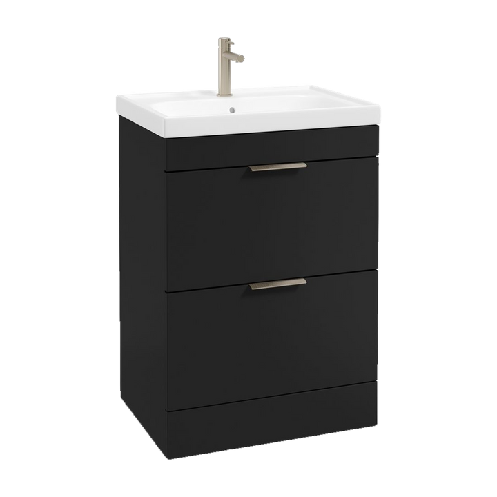 SONAS Stockholm 60cm floorstanding two drawer vanity unit in Matt Black with brushed nickel handles