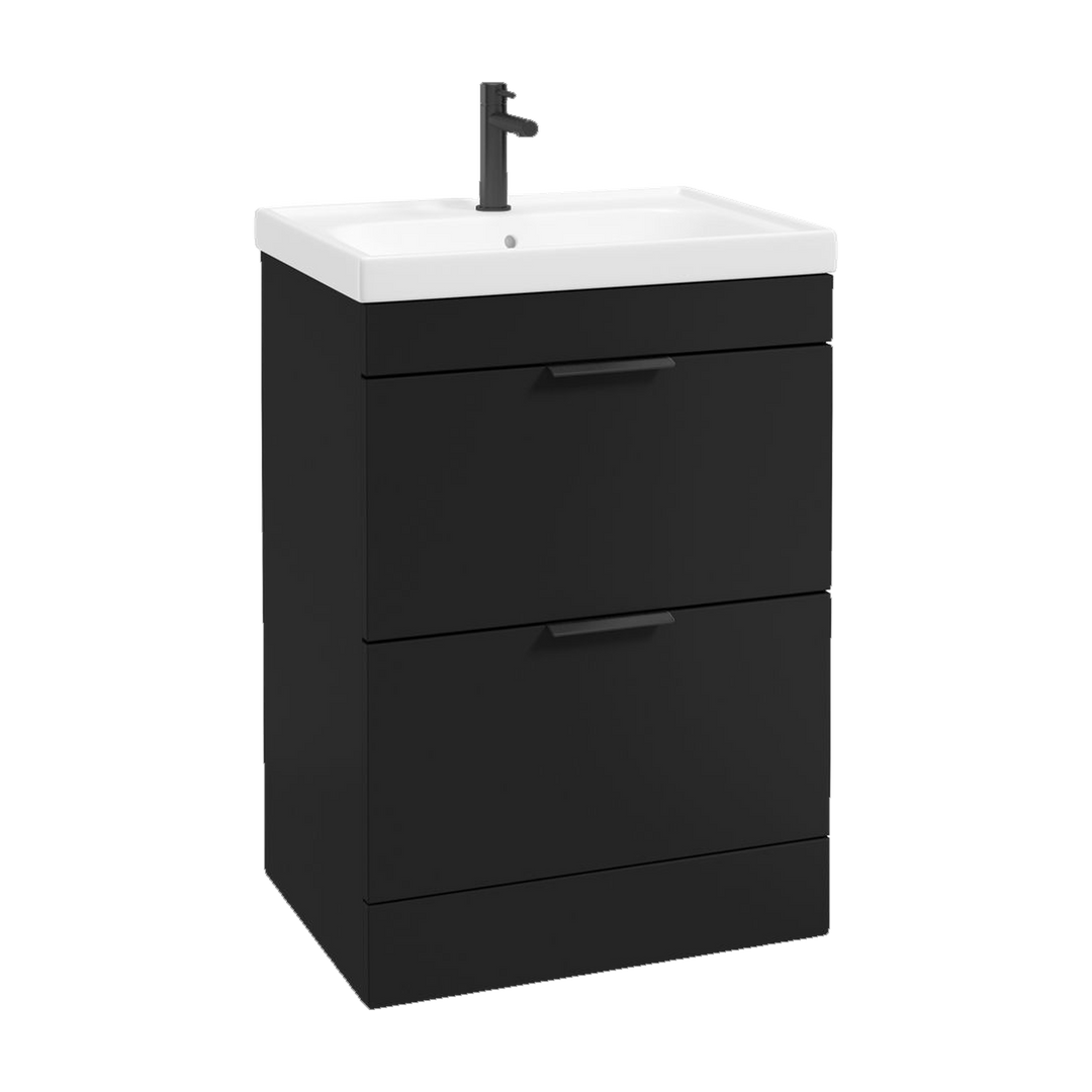 SONAS Stockholm 60cm floorstanding two drawer vanity unit in Matt Black with matt black handles
