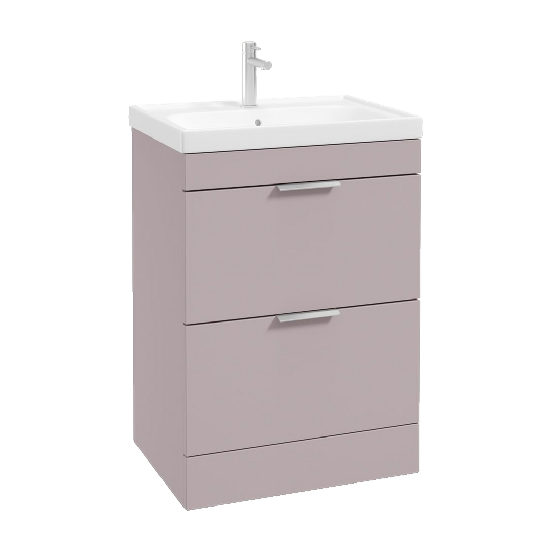 SONAS Stockholm 60cm floorstanding two drawer vanity unit in Matt Cashmere Pink with brushed chrome handles
