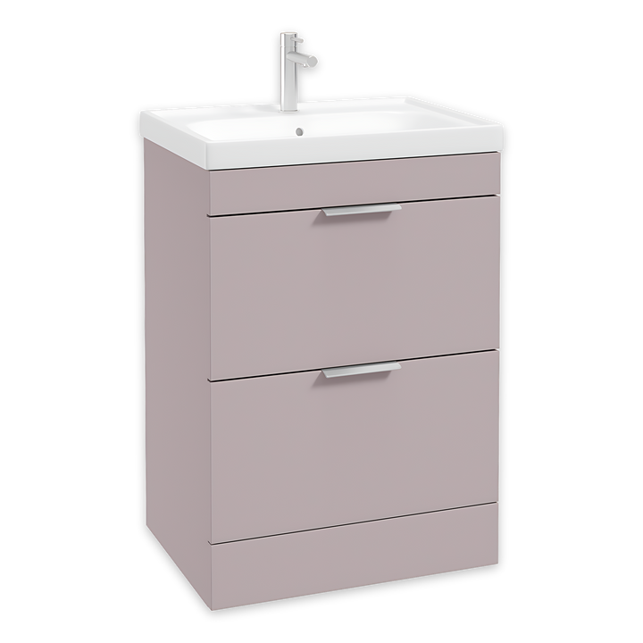 SONAS Stockholm 60cm floorstanding two drawer vanity unit in Matt Cashmere Pink with brushed chrome handles