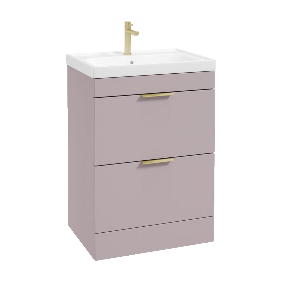 SONAS Stockholm 60cm floorstanding two drawer vanity unit in Matt Cashmere Pink with brushed gold handles