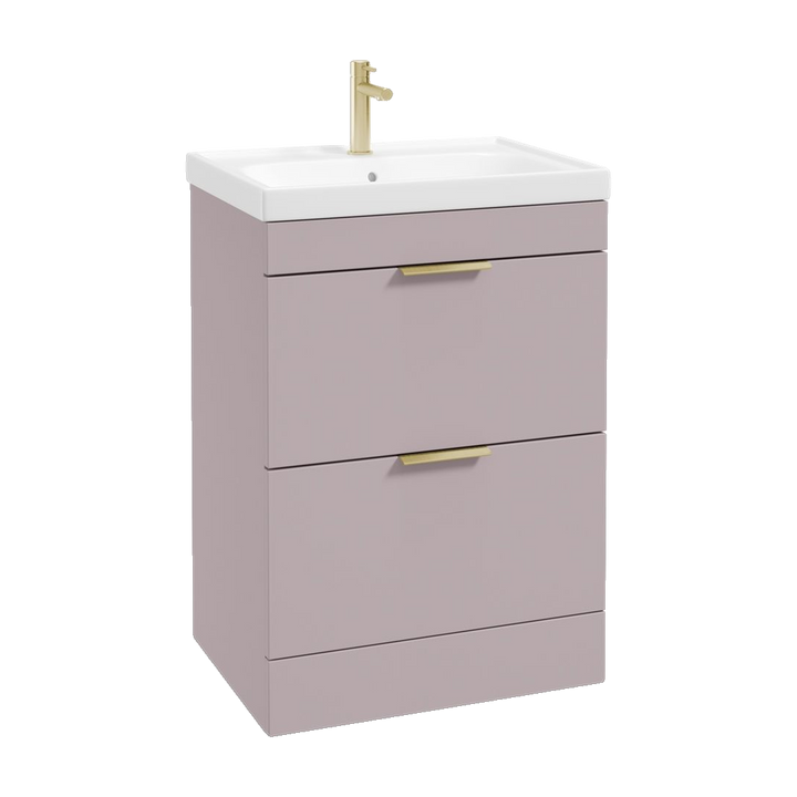 SONAS Stockholm 60cm floorstanding two drawer vanity unit in Matt Cashmere Pink with brushed gold handles