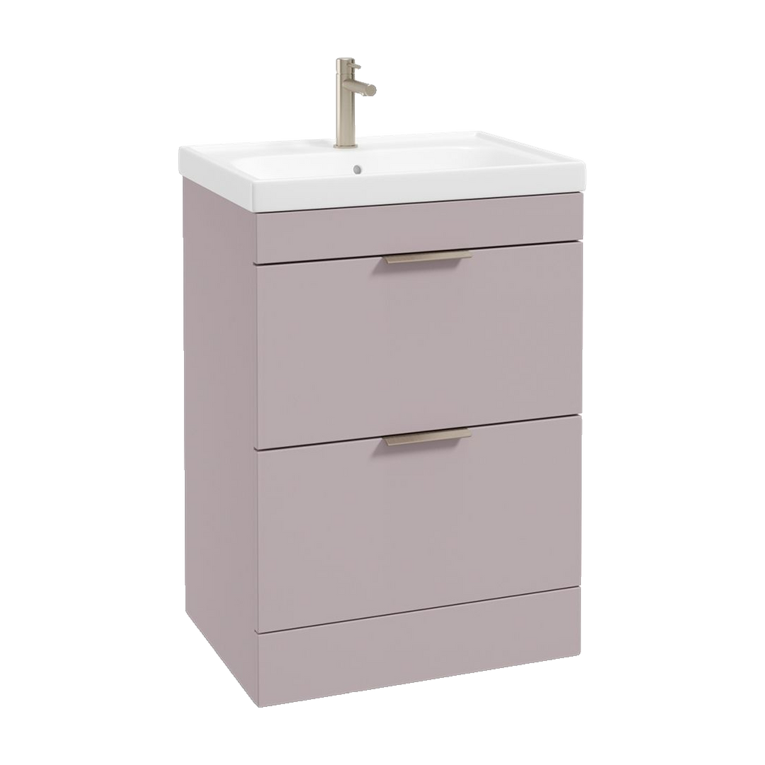 SONAS Stockholm 60cm floorstanding two drawer vanity unit in Matt Cashmere Pink with brushed nickel handles