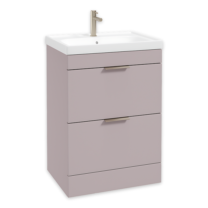 SONAS Stockholm 60cm floorstanding two drawer vanity unit in Matt Cashmere Pink with brushed nickel handles