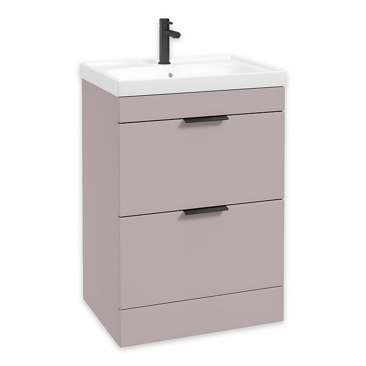 SONAS Stockholm 60cm floorstanding two drawer vanity unit in Matt Cashmere Pink with matt black handles