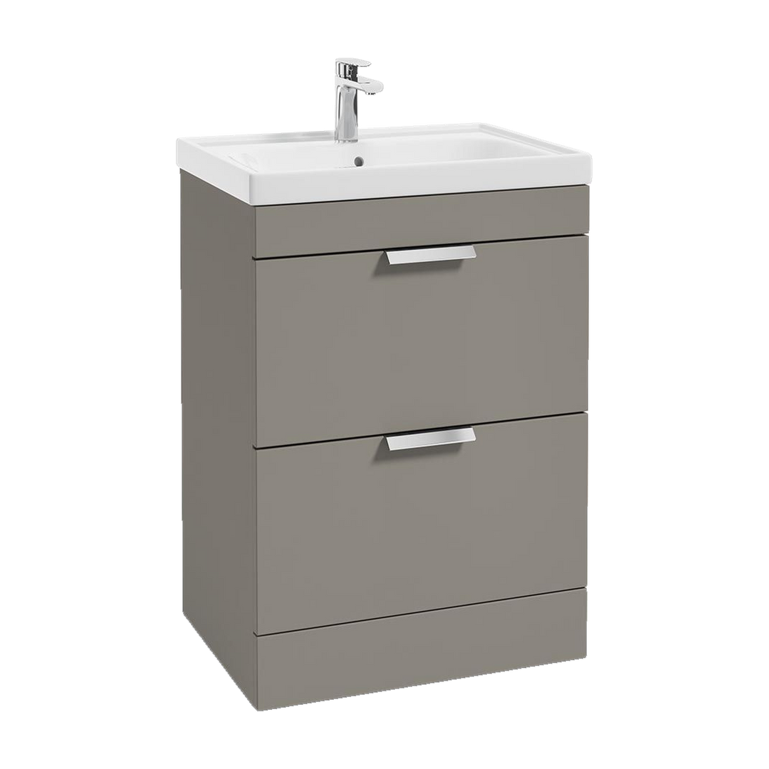 SONAS Stockholm 60cm floorstanding two drawer vanity unit in Matt Khaki with brushed chrome handles