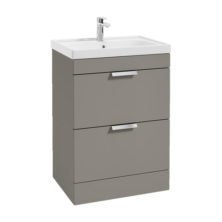 SONAS Stockholm 60cm floorstanding two drawer vanity unit in Matt Khaki with brushed chrome handles