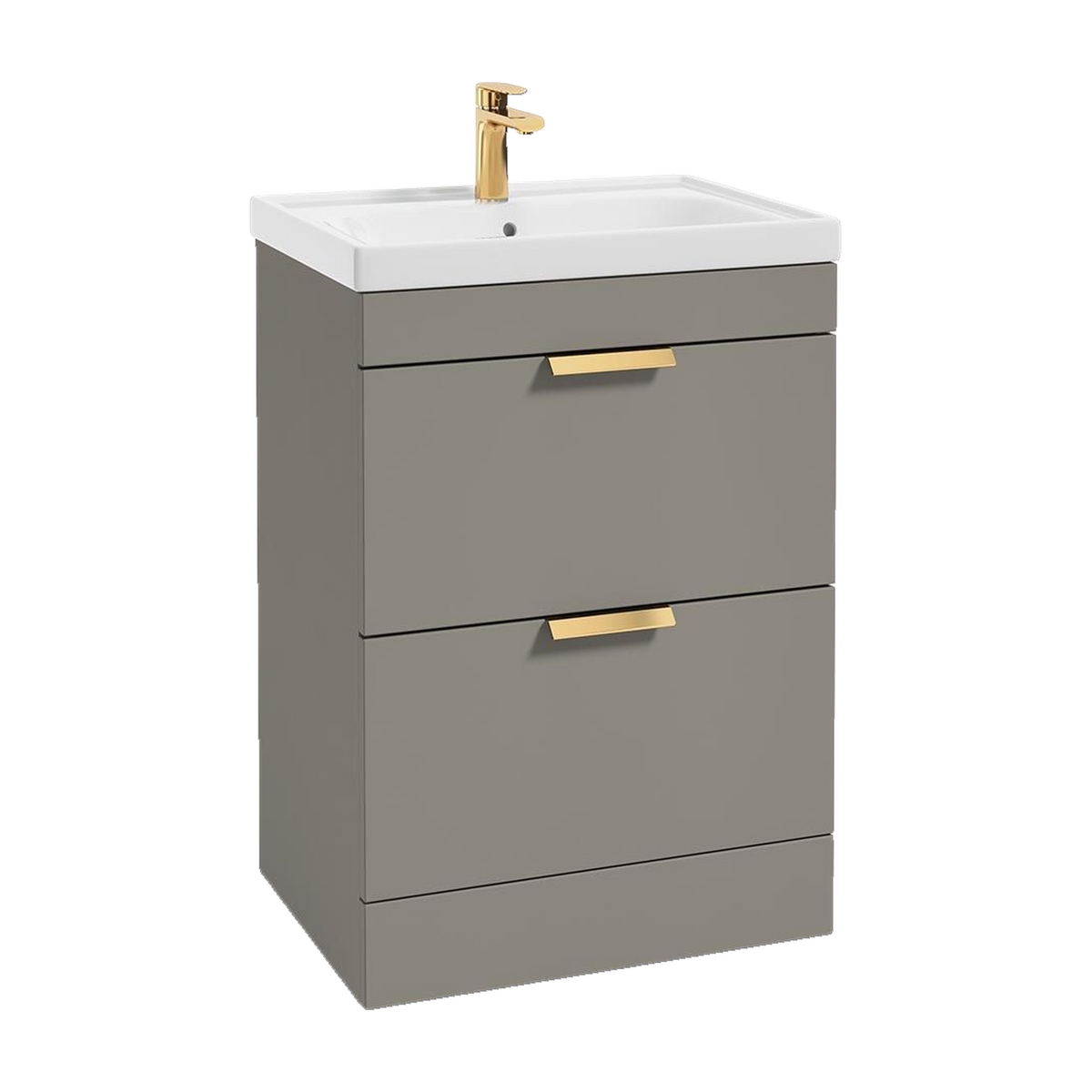 SONAS Stockholm 60cm floorstanding two drawer vanity unit in Matt Khaki with brushed gold handles