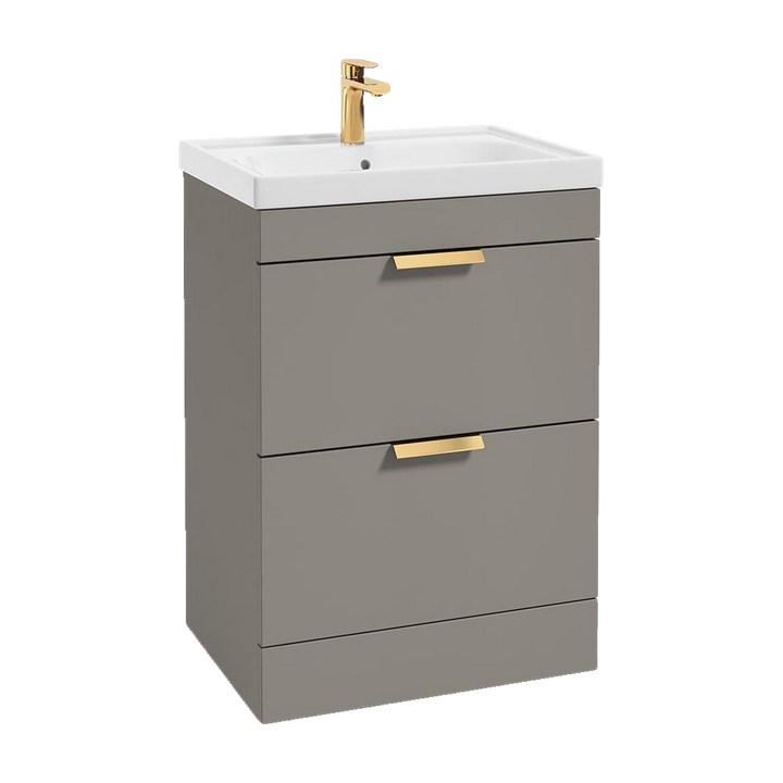 SONAS Stockholm 60cm floorstanding two drawer vanity unit in Matt Khaki with brushed gold handles