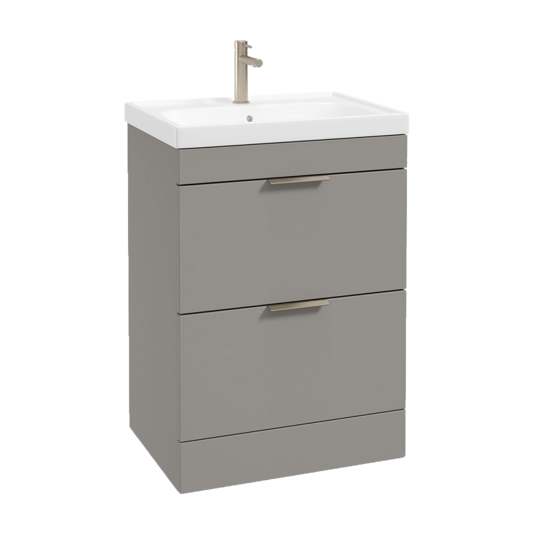 SONAS Stockholm 60cm floorstanding two drawer vanity unit in Matt Khaki with brushed nickel handles