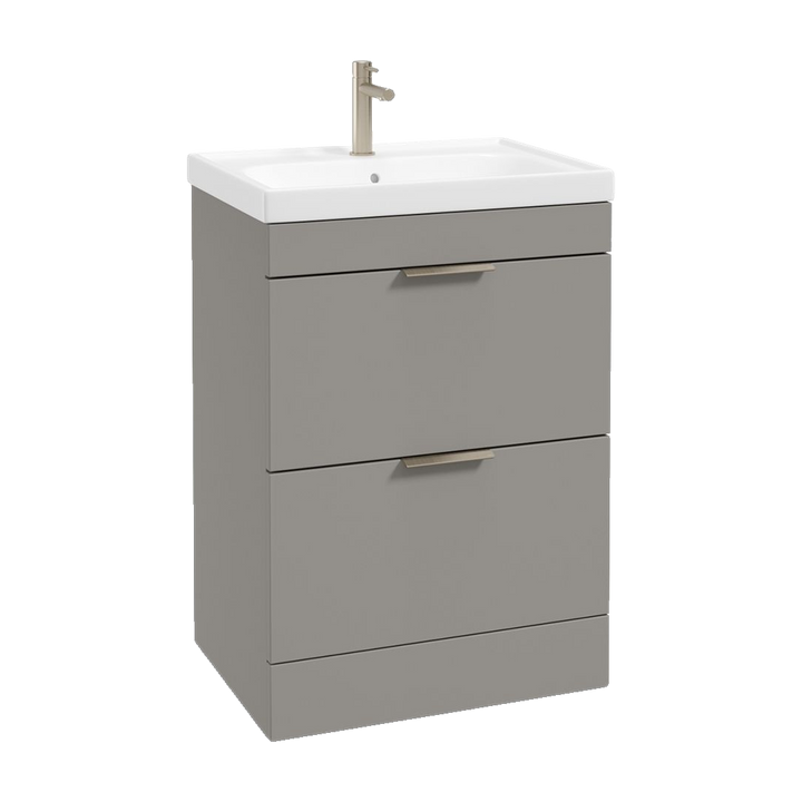 SONAS Stockholm 60cm floorstanding two drawer vanity unit in Matt Khaki with brushed nickel handles