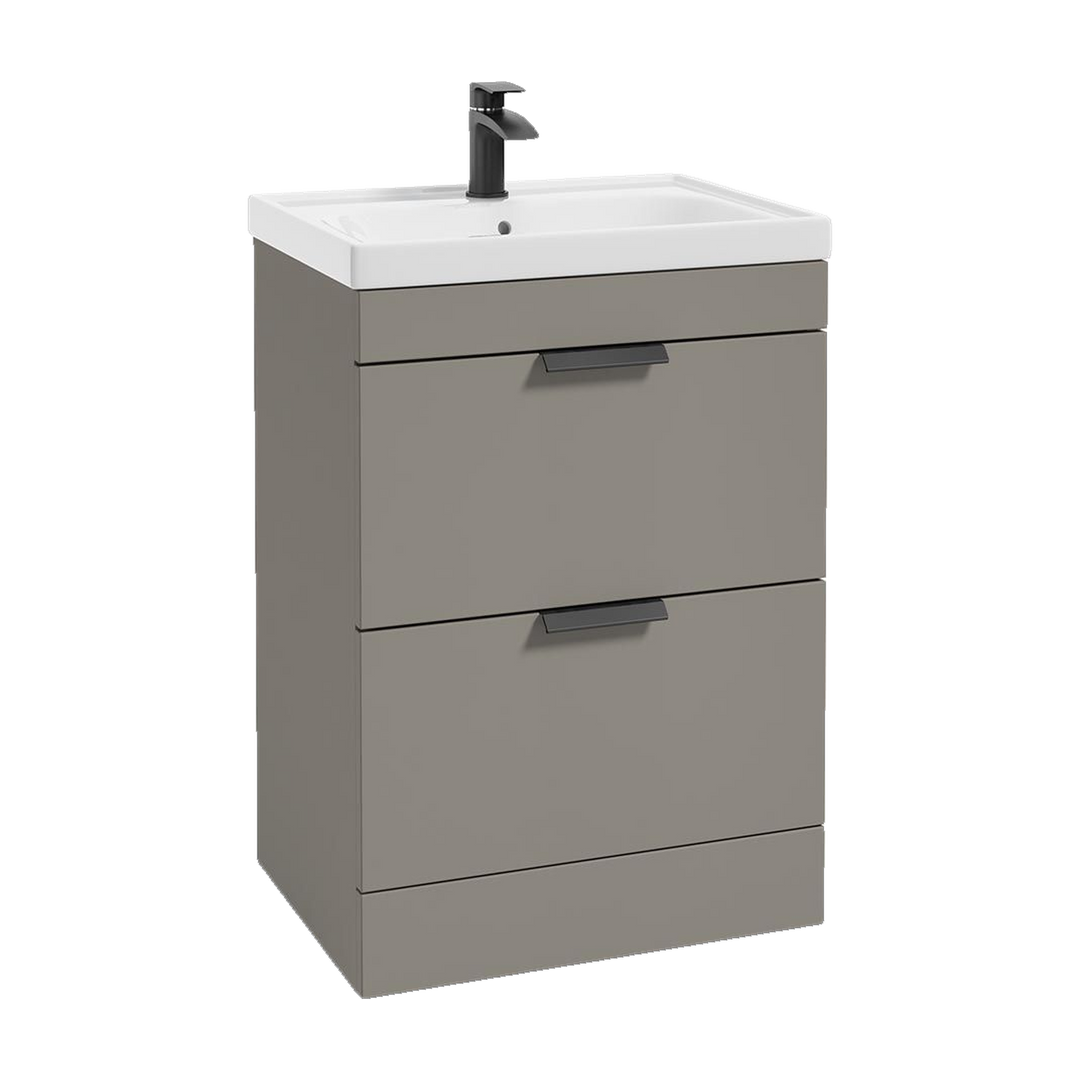 SONAS Stockholm 60cm floorstanding two drawer vanity unit in Matt Khaki with matt black handles