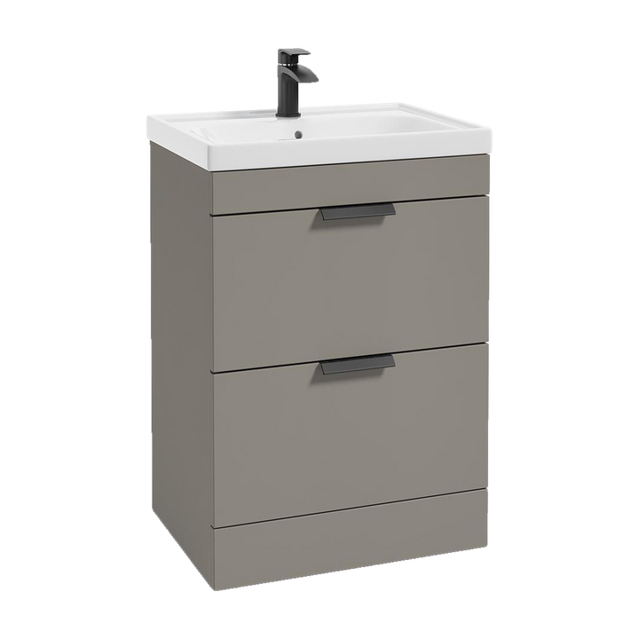 SONAS Stockholm 60cm floorstanding two drawer vanity unit in Matt Khaki with matt black handles