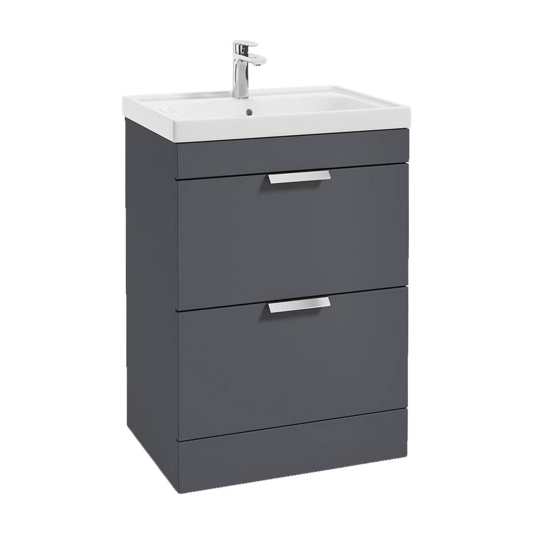 SONAS Stockholm 60cm floorstanding two drawer vanity unit in Matt Midnight Grey with brushed chrome handles