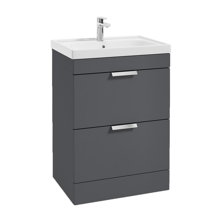 SONAS Stockholm 60cm floorstanding two drawer vanity unit in Matt Midnight Grey with brushed chrome handles