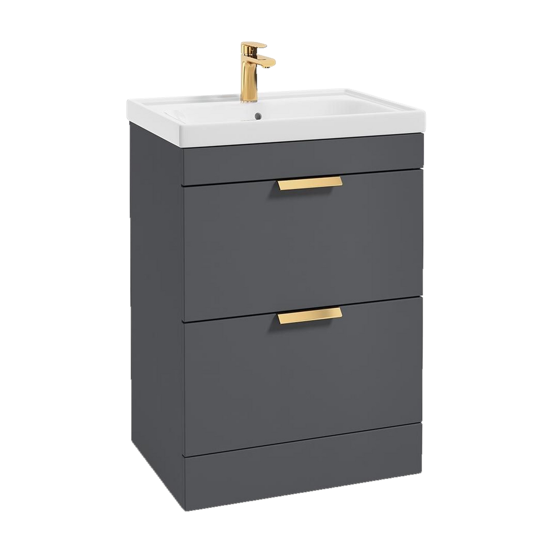 SONAS Stockholm 60cm floorstanding two drawer vanity unit in Matt Midnight Grey with brushed gold handles
