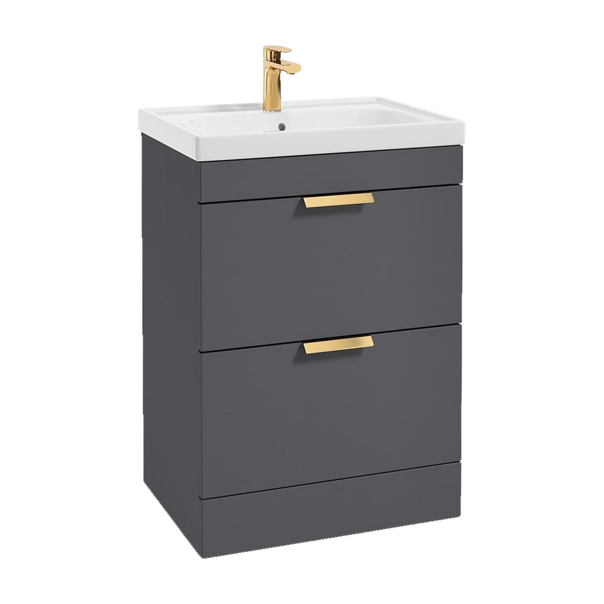 SONAS Stockholm 60cm floorstanding two drawer vanity unit in Matt Midnight Grey with brushed gold handles