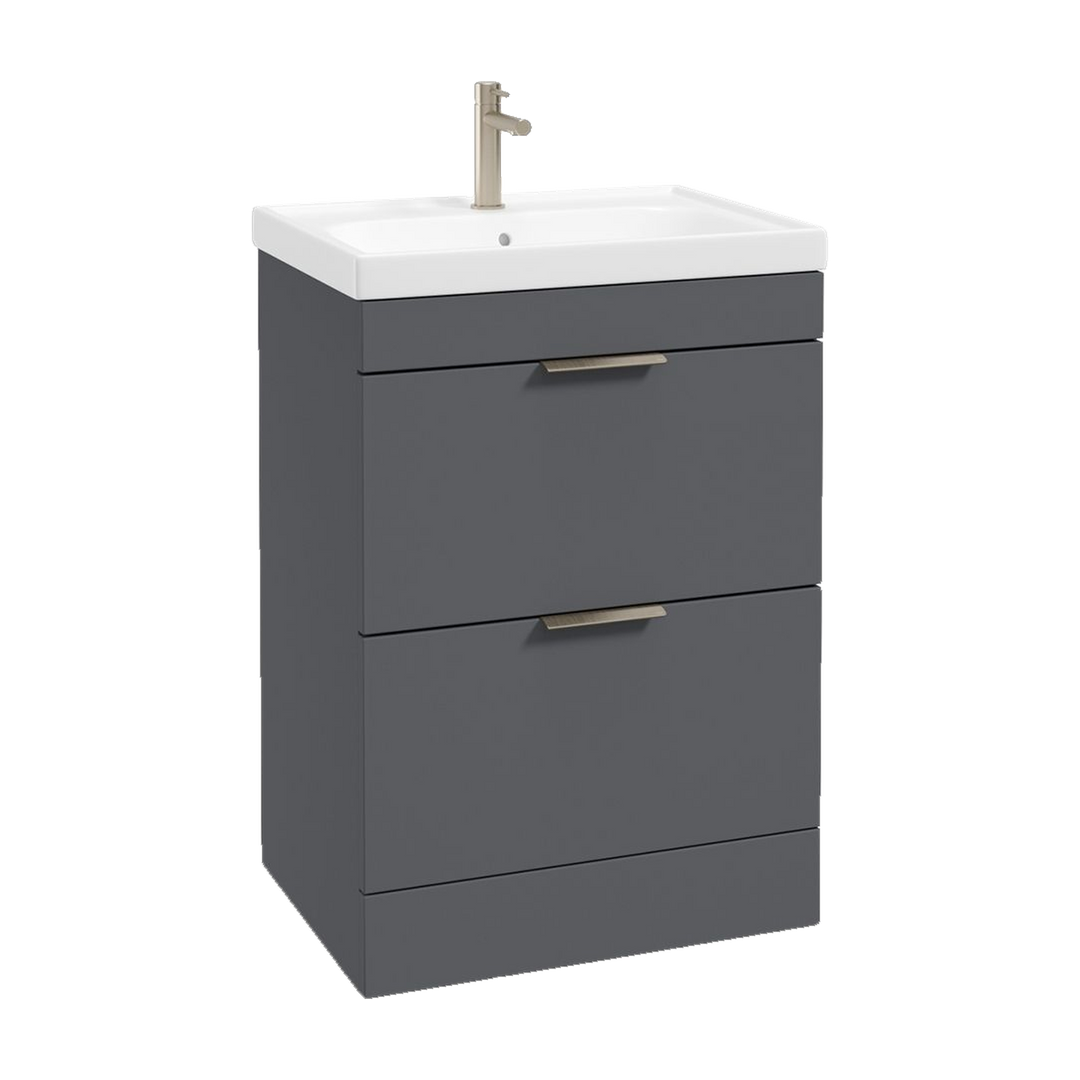 SONAS Stockholm 60cm floorstanding two drawer vanity unit in Matt Midnight Grey with brushed nickel handles