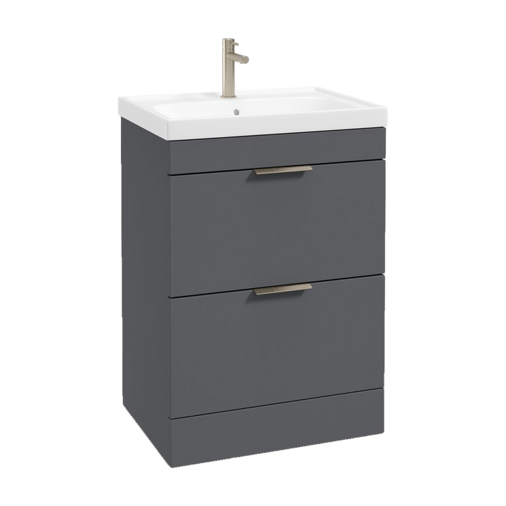 SONAS Stockholm 60cm floorstanding two drawer vanity unit in Matt Midnight Grey with brushed nickel handles