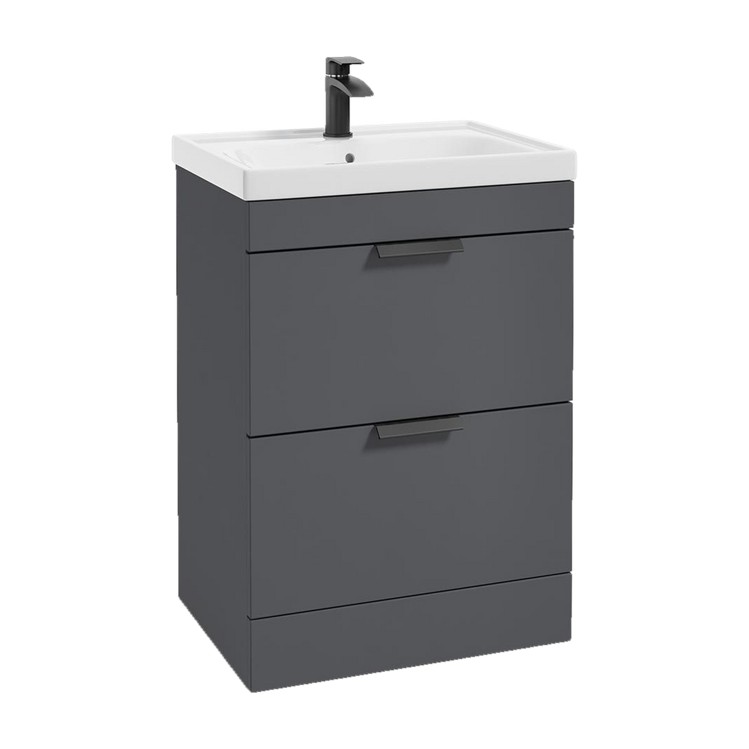 SONAS Stockholm 60cm floorstanding two drawer vanity unit in Matt Midnight Grey with matt black handles