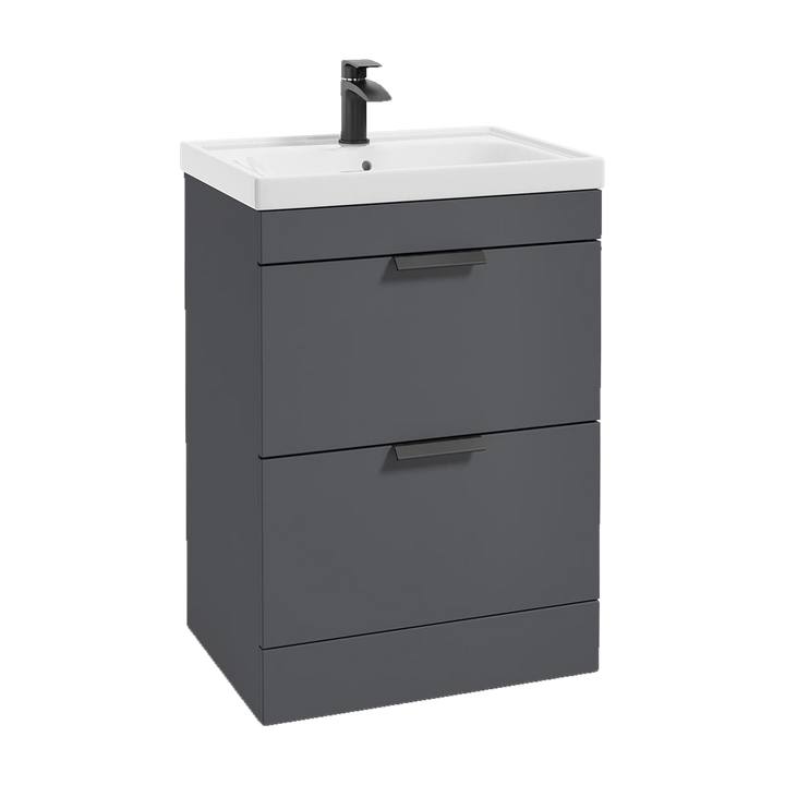 SONAS Stockholm 60cm floorstanding two drawer vanity unit in Matt Midnight Grey with matt black handles