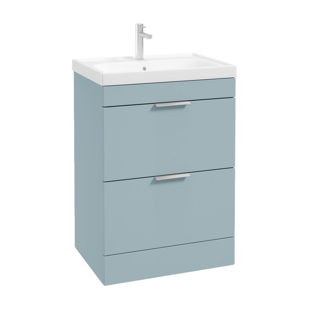 SONAS Stockholm 60cm floorstanding two drawer vanity unit in Matt Morning Sky Blue with brushed chrome handles