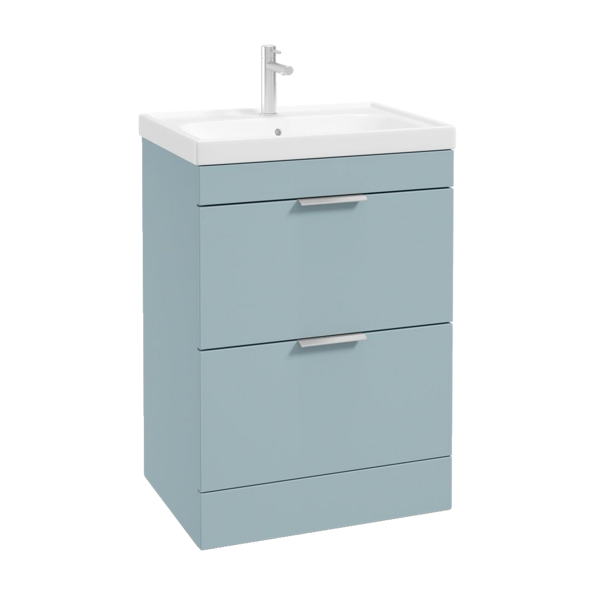 SONAS Stockholm 60cm floorstanding two drawer vanity unit in Matt Morning Sky Blue with brushed chrome handles