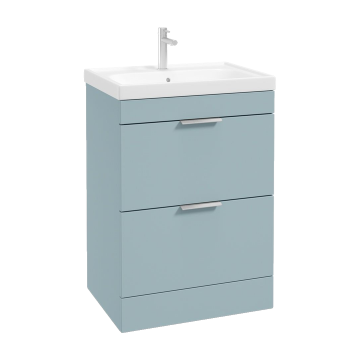 SONAS Stockholm 60cm floorstanding two drawer vanity unit in Matt Morning Sky Blue with brushed chrome handles