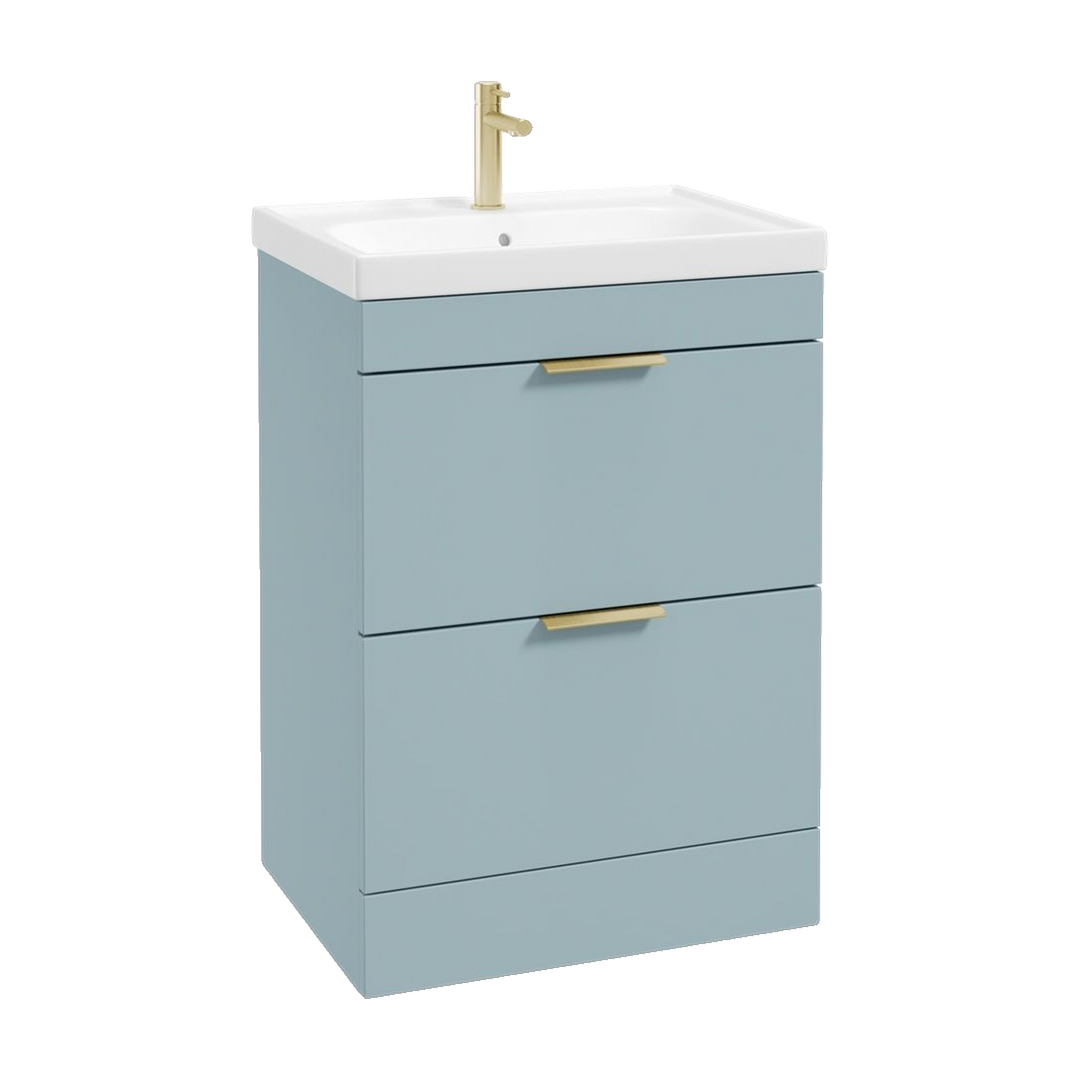 SONAS Stockholm 60cm floorstanding two drawer vanity unit in Matt Morning Sky Blue with brushed gold handles