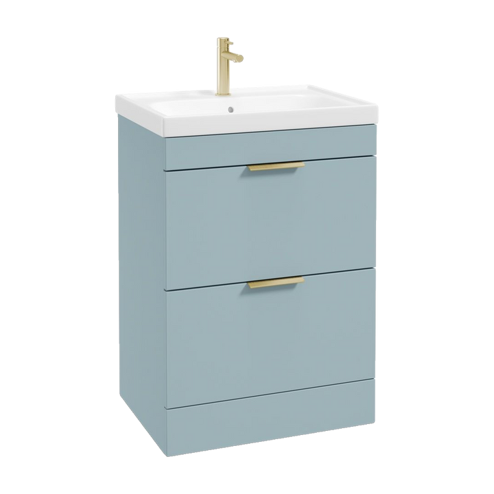 SONAS Stockholm 60cm floorstanding two drawer vanity unit in Matt Morning Sky Blue with brushed gold handles