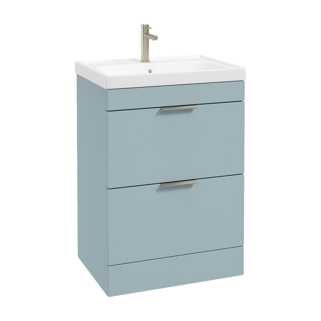 SONAS Stockholm 60cm floorstanding two drawer vanity unit in Matt Morning Sky Blue with brushed nickel handles