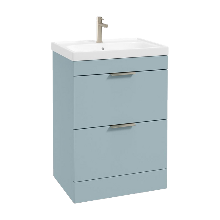 SONAS Stockholm 60cm floorstanding two drawer vanity unit in Matt Morning Sky Blue with brushed nickel handles
